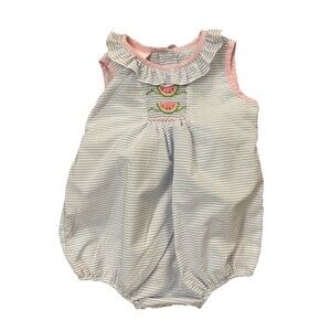 Petit Bebe Baby Girl 3M Blue Striped Smocked Bubble Romper Watermelon